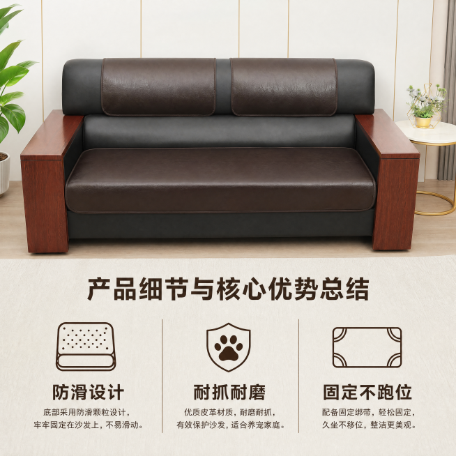 「图片1」，生成一套主图（5张），商品名称是优质皮革沙发坐垫，卖点是防滑 防猫抓 久坐不跑位 客厅办公专用，适配拼多多平台，主图比例为1:1 换个现代感的室内背景预览效果