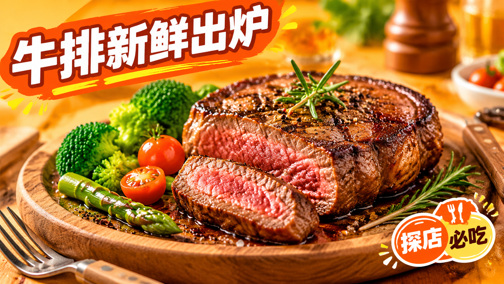 活力美食宣传图，16:9横版构图，高饱和度色彩，暖橙色背景。画… - 图片创意预览