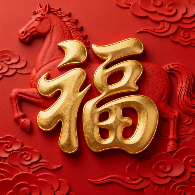 春节马年主题，大红色背景带有立体浮雕马纹、祥云纹，正中间是具有设计感的创意美术字金色福字，字体造型独特夸张预览效果
