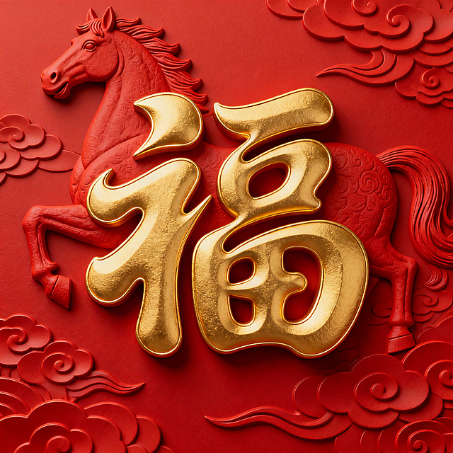 春节马年主题，大红色背景带有立体浮雕马纹、祥云纹，正中间是具有设计感的创意美术字金色福字，字体造型独特夸张
