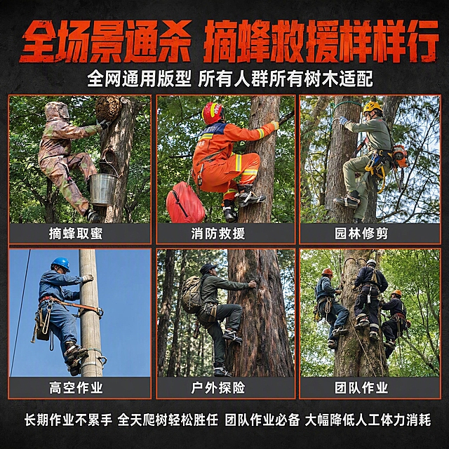 电商主图第四张，多场景适用展示，爬树脚扣六大应用场景宫格。硬核户外工业风。画面上部为大标题区域，主标题"全场景通杀 摘蜂救援样样行"，橙红色粗体大字；副标题"全网通用版型 所有人群所有树木适配"，白色中号字。画面下部为2行3列共6个场景宫格，每个宫格展示一个独立使用场景，每个宫格底部有统一的深灰底白字标签。六个场景分别是：1."摘蜂取蜜"-工人穿防蜂服爬树摘蜂窝 2."消防救援"-消防员攀爬树木救援 3."园林修剪"-园林工人爬树修剪树枝 4."高空作业"-电力工人爬杆作业 5."户外探险"-户外爱好者攀爬大树 6."团队作业"-多人配合爬树工作。每个场景中人物佩戴的爬树脚扣保持与输入产品图一致的外观结构。宫格之间有细橙红色分隔线。整体背景为深灰色渐变。底部通栏白字"长期作业不累手 全天爬树轻松胜任 团队作业必备 大幅降低人工体力消耗"。配色：主色深灰，辅色橙红，场景图自然色。光线：每个宫格内为真实自然光场景，整体统一明亮。视角：宫格平视构图，信息层次分明。1:1比例，文字清晰可辨，超高清商业摄影质感。画面禁止出现多余的手、畸形手、人物面部扭曲，禁止变形、文字错乱、水印、电商平台Logo。