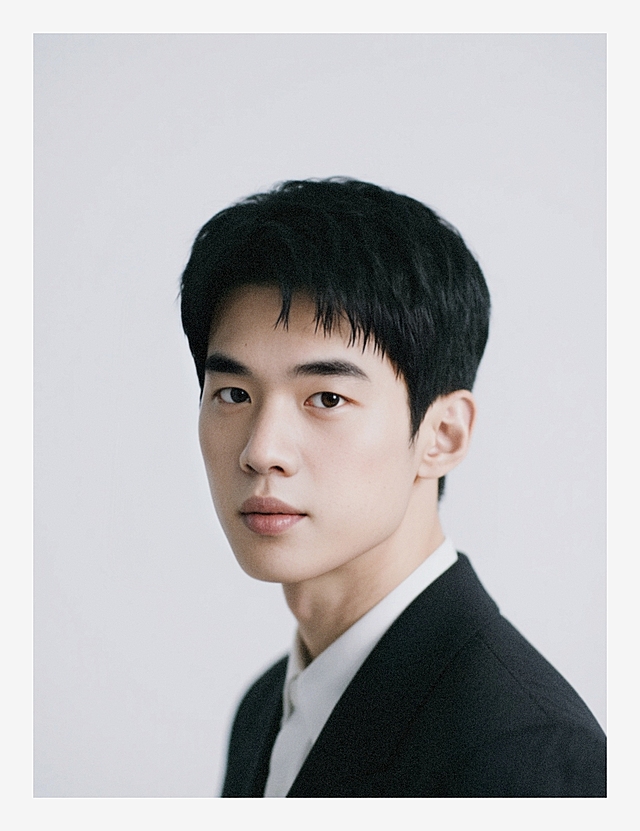 一个五官成熟男生，白色背景，强曝光低饱和，半身照，穿着得体，高级感