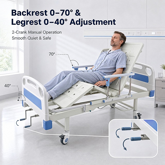 [主图-2] ENLIDA E-BC002 2-Crank Manual Hospital Bed 背部与腿部升降功能，唯一任务：证明背部 0–70° 与腿部 0–40° 双摇升降幅度及手摇操作方式。
[统一基调] 整套统一视觉：明亮整洁的医院病房实景，白色与医疗浅蓝为主色，冷调柔和日光自左上方照入，地面浅灰反光柔和；英文无衬线字体只用一种字体外观，主标题大号加粗深藏青，辅助文案小号灰色，证据组件统一为白色圆角卡片与细引线图标；画面满版无边框。
[画面] 以我上传的实拍图为准做整机合成：病床正侧面视角，ENLIDA E-BC002 背部升起约 70°、腿部升起约 40°，呈标准半躺形态，整机完整入镜占画面约 70%；床尾两个 ABS 叠式手摇把处于可操作位置，画面右下角一处白色圆角画中画放大手摇把与摇动方向细箭头。严格按实拍图的床架、护栏、冲孔床面与摇把外观生成，只改变升降姿态，不改变结构、材质、颜色与长度比例。病床上一位欧美成年男性患者（约 40 岁，浅灰蓝色病号服）半躺于升起的背部床面，双手自然放于床面，面部放松自然；背景为同一间明亮病房的浅色墙面与窗光，不遮挡床体。
[光影质感] 商业医疗摄影质感，左上方柔光主光，床面冲孔金属有细腻明暗过渡，护栏不锈钢支柱有细窄高光，折叠处关节结构清晰可信、无错位穿模。
[配色] 主色白与医疗浅蓝，环境色仅淡淡灰白，整体冷调干净。
[文字版式] 左上方留白处大号加粗深藏青标题 Backrest 0–70° & Legrest 0–40° Adjustment，下接两行小号灰色说明 2-Crank Manual Operation 与 Smooth Quiet & Safe；床头与床腿处用极细引线配小号灰字标注 70° 与 40°，全部横排左对齐，避开人物面部与床体关键结构。
[输出要求] 1:1 方形，文字清晰、产品清晰、升降角度可读。负向：变形、错字、模糊、杂乱、水印、平台 Logo、中文文字、多余手指、畸形手、面部扭曲、床体断裂或穿模、角度标注箭头指向错误。