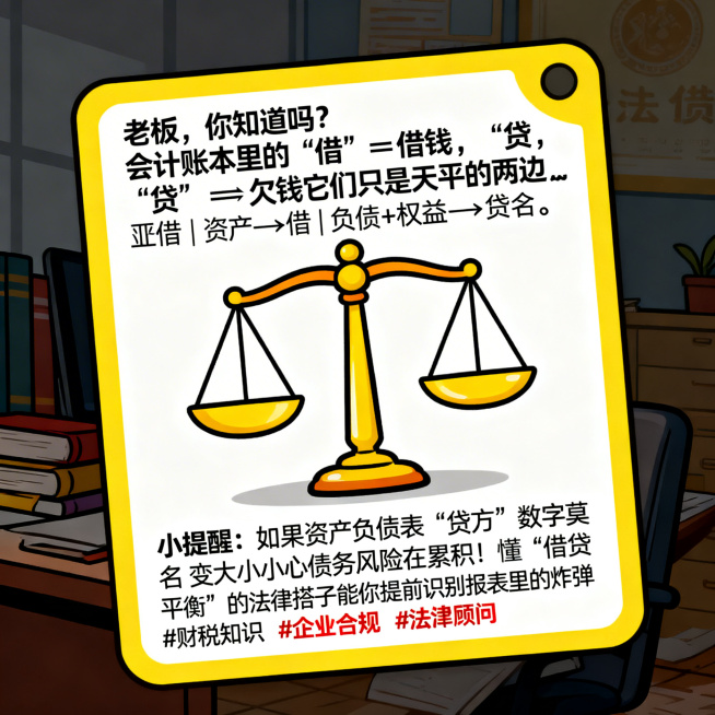卡通风格普法知识卡片，画面清晰活泼，包含完整文字内容："老板，你知道吗？会计账本里的"借"≠借钱，"贷"≠欠钱它们只是天平的两边⚖️资产←借 | 负债+权益→贷📌 小提醒：如果资产负债表"贷方"数字预览效果