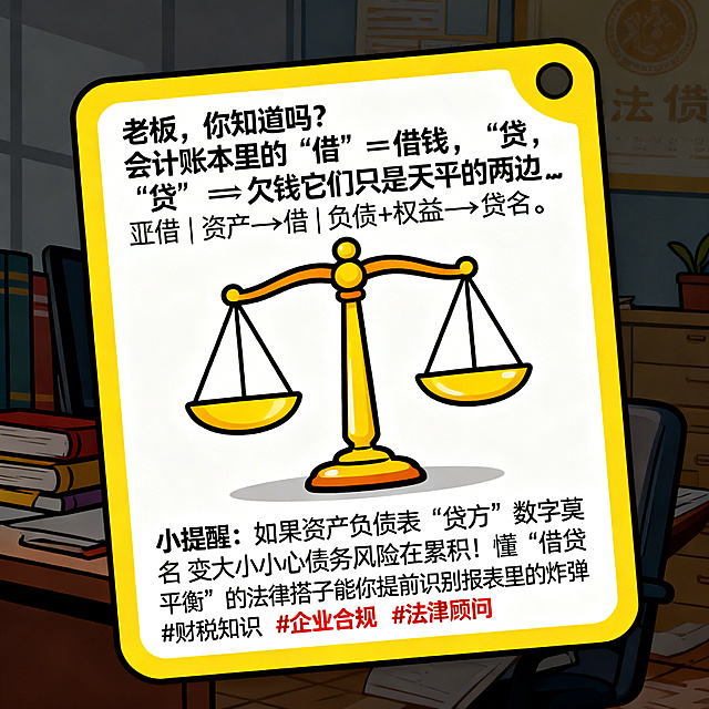 卡通风格普法知识卡片，画面清晰活泼，包含完整文字内容："老板，你知道吗？会计账本里的"借"≠借钱，"贷"≠欠钱它们只是天平的两边⚖️资产←借 | 负债+权益→贷📌 小提醒：如果资产负债表"贷方"数字莫名变大小心债务风险在累积！懂"借贷平衡"的法律搭子能帮你提前识别报表里的炸弹 💣#财税知识 #企业合规 #法律顾问"，整体设计简洁醒目，适合普法宣传，色彩明亮