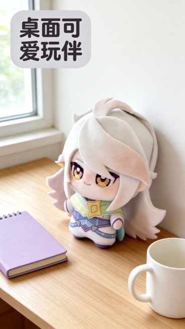 [第4屏] 桌面摆件场景展示，洛克王国伊里斯毛绒玩偶，本屏使用图1作为商品主体。
[氛围/风格] 温馨治愈生活感，书桌日常场景，自然光影氛围感
[元素布局] 玩偶放置在浅木色书桌桌面，旁边搭配浅紫色笔预览效果