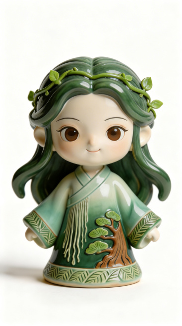 基于参考图，生成这款陶瓷盲盒娃娃的正面视角图，保留原设计风格：绿釉陶瓷质感，绿色长卷发配藤蔓绿叶发饰，浅绿色渐变汉服，衣服上有迎客松浮雕和叶脉装饰，整体清新自然，白背景，整体风格一致，保持陶瓷光泽和细预览效果
