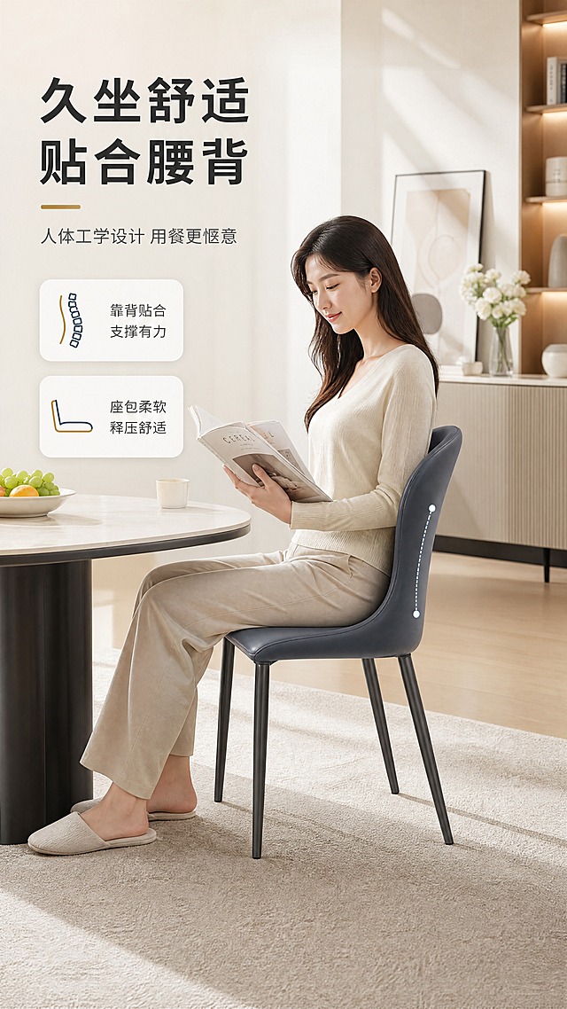 [商品] 使用【图1】DY-8802B深蓝色餐椅；保留深蓝色皮革座包与靠背、碳素钢金属椅腿、整体结构造型；商品处理：保持产品原貌，坐靠状态自然真实。
[画面] 目标：真人体验页，展示餐椅坐感舒适与人体工学贴合。构图：场景式构图，亚洲女性模特自然坐靠在餐椅上，呈现舒适用餐/阅读状态。主体位置：画面中心区域，模特+餐椅为主体。主体占比：人物+餐椅占画面约60%。摆放角度：餐椅微侧视，模特侧身坐靠，手轻搭桌面。景别：中景。阅读动线：从中心人物向四周场景阅读。前中后景：前景地毯、中景模特餐椅餐桌、后景餐厅背景虚化。场景：明亮温馨的现代餐厅，午后自然光，整体亮色调。
[视觉] 套系策略：风格=现代轻奢亮调家居商业摄影；标题字=现代无衬线粗体；正文字=简洁无衬线体；主色=浅米白+暖灰；背景延展=基于浅米白做深浅层级、同色渐变和细腻墙面/织物质感；强调色=深蓝金，仅用于小面积图标、引线和标签；标题色=深炭灰；正文色=中暖灰；组件=圆角浅底信息卡、细线引线、金色点缀图标；光影=左前侧暖柔光，明亮通透，整体亮色调。
[文字] 画面左上或右上留白区：主标题「久坐舒适 贴合腰背」，副标题「人体工学设计 用餐更惬意」，2个体验卖点：「靠背贴合 支撑有力」「座包柔软 释压舒适」；文字不遮挡人物与产品主体。
[规格] 图片比例9:16竖版，4K分辨率，避免变形、错字、文字过小、冷蓝/蓝灰背景、产品颜色改变、结构失真、极限词、欧美面孔。