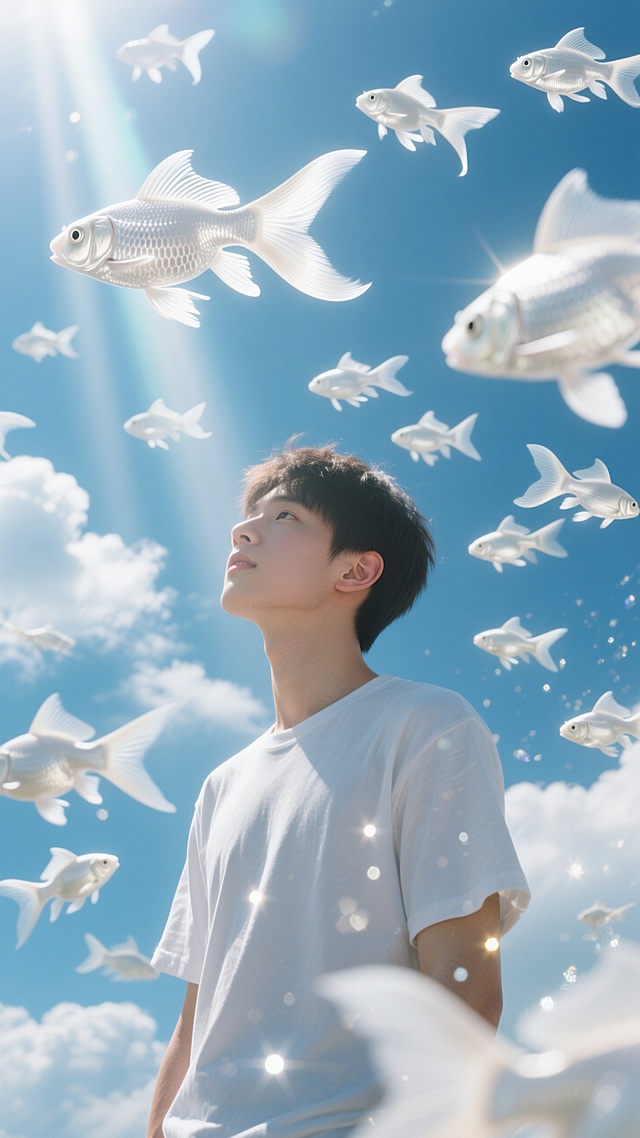 净透的天空白色的云，阳光明媚，好多只白色的金鱼，大大的尾鳍随风飘扬，错落漂浮在空中，仰视视角，明媚的阳光，夏日清凉氛围，一个男生特写