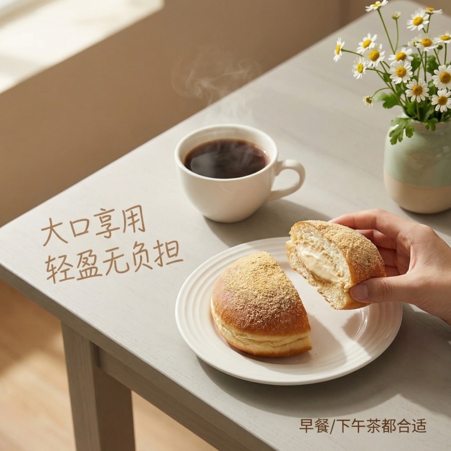 [主图4 生活场景体验] 主图主题：轻松下午茶享用黄豆面包，氛围风格：生活方式氛围感，原生ins风，放松愉悦。画面元素：一只手拿着半块黄豆面包，面包放在白色陶瓷餐盘上，旁边搭配一杯热咖啡，背景是浅灰色预览效果
