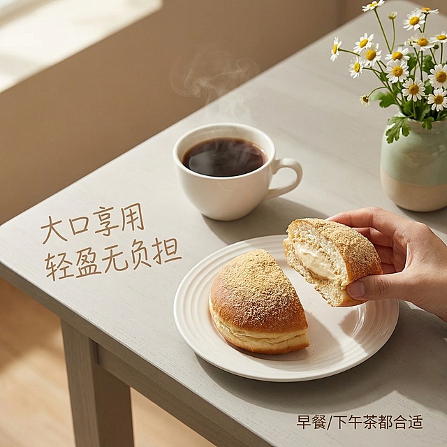 [主图4 生活场景体验] 主图主题：轻松下午茶享用黄豆面包，氛围风格：生活方式氛围感，原生ins风，放松愉悦。画面元素：一只手拿着半块黄豆面包，面包放在白色陶瓷餐盘上，旁边搭配一杯热咖啡，背景是浅灰色简约餐桌，点缀几支小雏菊，自然光从侧面照入，暖调光影，保留面包外观特征和原图一致，动态抓拍，自然不僵硬。配色色系：干净低饱和，暖棕、米白、浅绿。文字版式：主标题“大口享用 轻盈无负担”，左侧浅棕色手写体，右下角小字标注“早餐/下午茶都合适”，文字悬浮留白处，不遮挡主体。