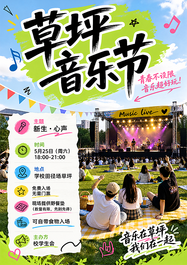 宣传海报，A4竖版，校园草坪音乐节，年轻活力风格，最醒目大字写"草坪音乐节"，下方文字内容：主题"新生·心声"，时间5月25日（周六）18:00-21:00，地点学校田径场草坪，免费入场无需门票，现场提供野餐垫（数量有限，先到先得），可自带食物入场，主办方校学生会，背景是大草坪和舞台，青春多彩配色，适合学生群体，不要正式商务风格