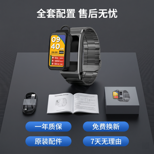 [主图 5] 智能耳机手环二合一全套配件售后保障展示。[氛围风格] 规整整洁，可信专业。[画质] 商业摄影质感、光线柔和通透、产品清晰真实、画面干净高级。[元素] 产品主体居中放置，下方排列全套配件：预览效果