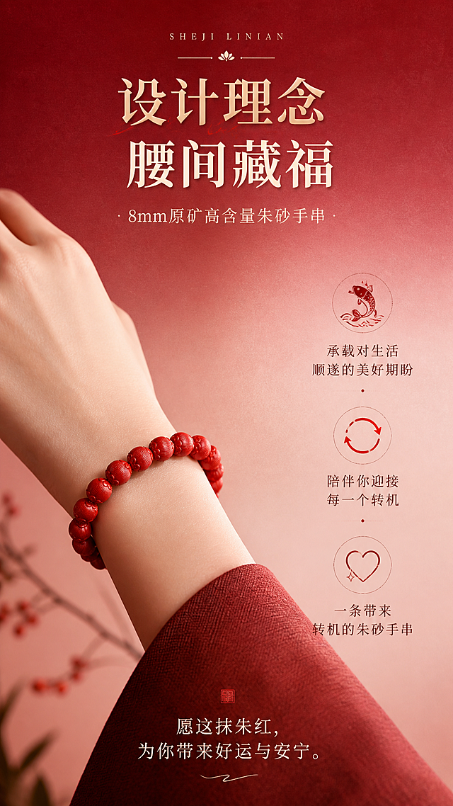 淘宝天猫详情页设计理念模块，9:16竖版，高级渐变红色调背景（深酒红渐变至浅粉），背景带细腻纸质感，高级轻奢风格。标题文字“设计理念 腰间藏福”，画面左侧展示8mm款朱砂手串佩戴在手腕上的效果，产品原样保留不修改外观，自然侧视角度，右侧配文字说明+图标：1.锦鲤图标“承载对生活顺遂的美好期盼”，2.转动图标“陪伴你迎接每一个转机”，3.心意图标“一条带来转机的朱砂手串”，底部配文艺感文案“愿这抹朱红，为你带来好运与安宁”。整体风格雅致有温度，符合天猫平台规则。