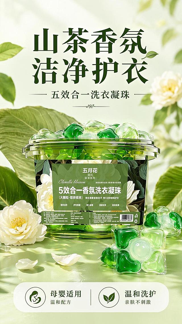 [第1屏] 详情页头图-山茶花5效合一香氛洗衣凝珠产品海报。本屏使用【图1】作为商品主体。
[氛围/风格] 清新自然海报风，浅绿山茶背景，绿白撞色搭配，商业清透摄影质感，突出天然洗护产品调性。
[元素布局] 桶装产品置于视觉中心，占画面约65%，画面顶部预留主标题区，底部放置信息条；背景搭配散落山茶花瓣与大叶片装饰，洗衣凝珠产品结构、颜色、包装文字与输入产品图一致。
[光影质感] 顶部柔光漫射，产品底部自然投影，凝珠透明部分保留通透高光，整体画面干净明亮。
[配色色系] 全局底色 #f0f7e9，主色山茶绿，辅助色米白背景、深绿标题文字。
[视角构图] 正面平视，产品为绝对视觉中心，阅读动线从上到下，流畅自然。
[文字版式] 顶区主标题「山茶香氛 洁净护衣」，副标题「五效合一洗衣凝珠」，加粗深绿字体居中对齐；底部信息条标注「母婴适用 温和洗护」，文字不遮挡产品主体，清晰可读。
[比例分辨率] 9:16 竖版比例，4K分辨率，文字清晰可辨，高清画质。
[负向提示词] 产品变形，缺件错件，颜色偏差，包装文字错乱，水印，文字过小，背景杂乱