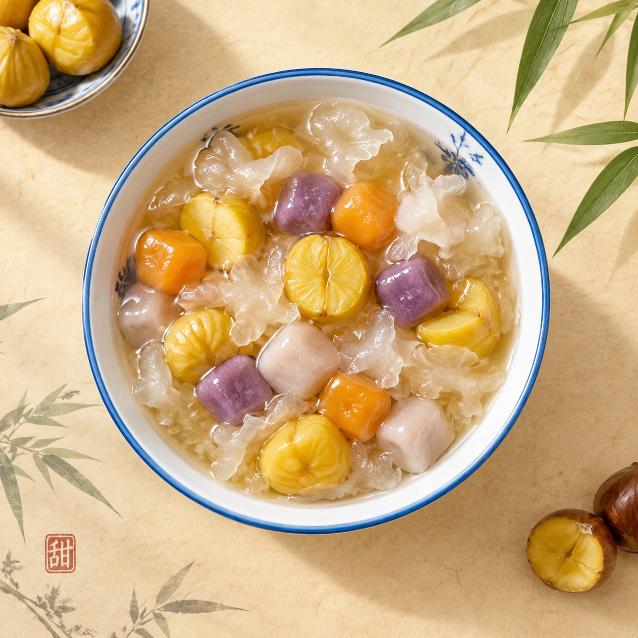 一碗精致的中式糖水甜品——银耳板栗芋圆，晶莹剔透的银耳羹搭配金… - 图片创意预览
