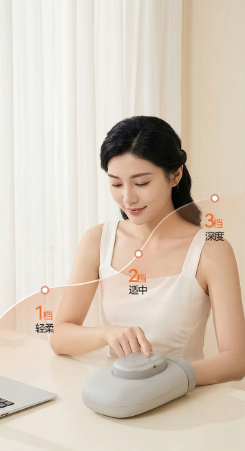 保持产品主体不变，更换模特为东亚黑发女性，保持坐姿和手按产品的姿势不变，保留原图左侧笔记本电脑和右侧档位标注文字"1档轻柔""2档适中""3档深度"。保持主体灰色手按摩仪物理结构不变，文字不可变，保持预览效果