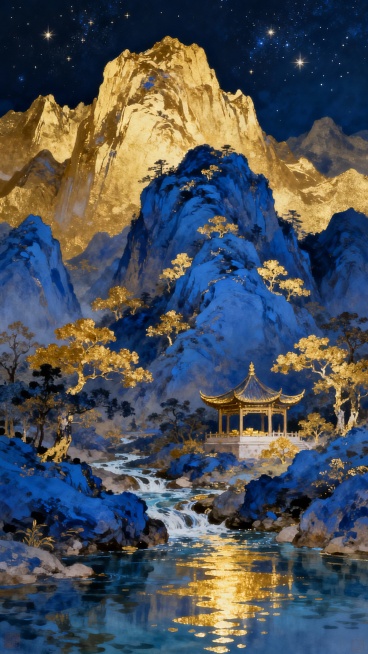 蓝金配色的中国传统山水画风格，深蓝与金色交织的壮丽山峦，山间点缀着金色的树木，山脚下有一座传统中式亭台楼阁，周围环绕着清澈的溪流，水面倒映着金色的光影，夜空深邃点缀着星星，整体画面呈现出宁静而富贵的氛围，充满发财的吉祥寓意，笔触细腻，色彩和谐，光影层次丰富，构图采用经典的山水布局，展现出大气磅礴又精致典雅的视觉效果。预览效果