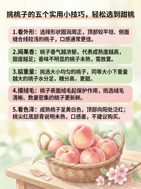 参考第一张图片的水彩手绘风格，创作一张挑选桃子技巧的科普图文海报，沿用第一张图片的排版结构和配色风格，底部放置一篮新鲜桃子的水彩手绘插图；文案内容进行原创改写，保持含义不变：主标题为'挑桃子的五个实用预览效果