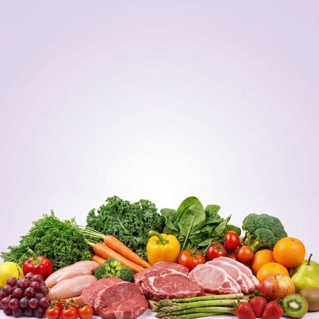 包含新鲜鲜肉以及多种新鲜蔬菜水果的生鲜组合图片，整体风格和参考图片一致，摆放于画面底部，上方留有淡紫色渐变空白背景，素材不与参考图片完全重复预览效果