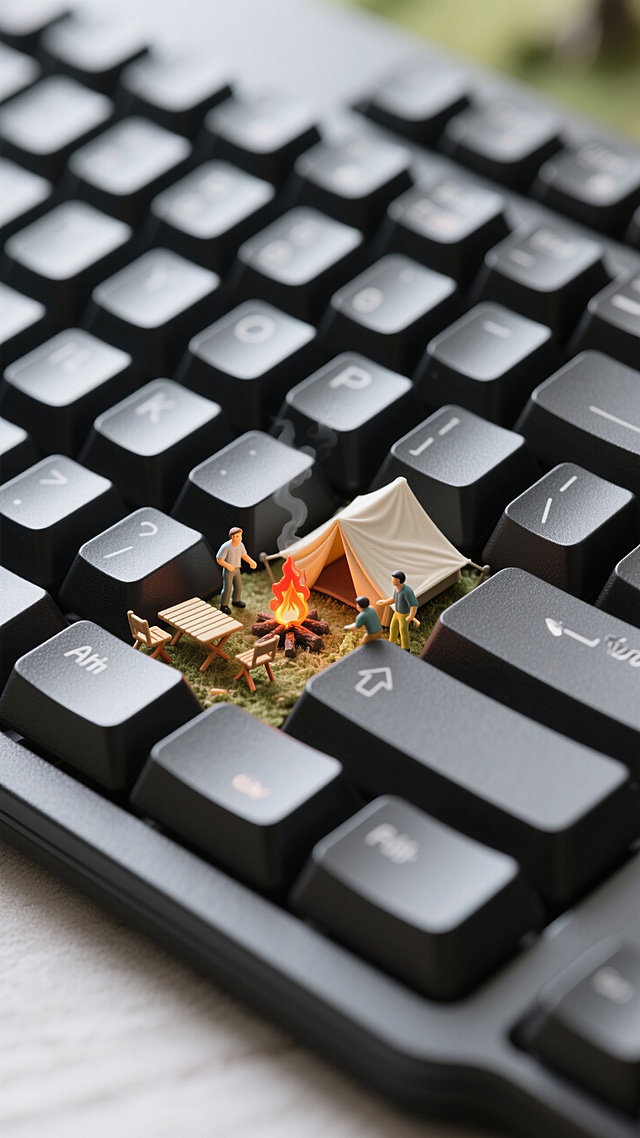 一幅等距3D插画刻画了黑色的绘图键盘上其中一颗被揭开的键盘键帽下，一个微型露营场景，顶部俯视特写视角。