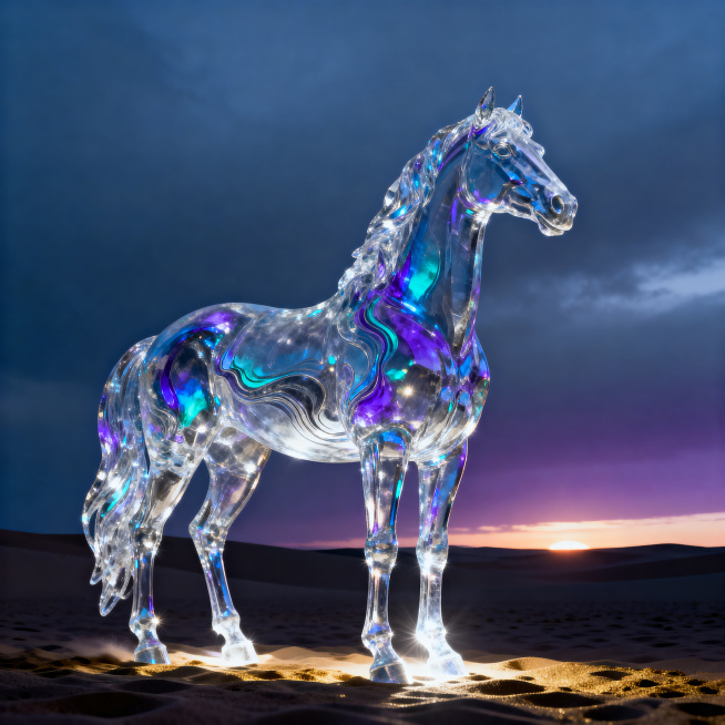 一匹高傲的七彩琉璃马，昂首挺胸，姿态孤傲，站在一望无际的暗色沙漠中。马身通体由半透明七彩琉璃构成，冷色调为主，蓝、紫、青、银白交织，内部有流动的光纹，如活物般游走。琉璃材质晶莹剔透，折射出璀璨的彩色光预览效果