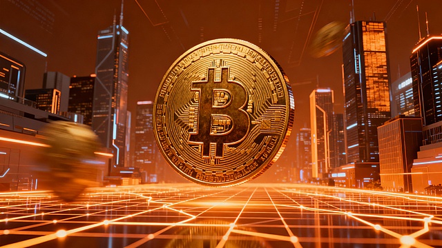 Bitcoin themed background, large golden Bitcoin coin floating in digital space, futuristic financial city, glowing grid floor, blockchain connections, warm gold and orange tones, high-tech style, realistic lighting, premium quality, no text