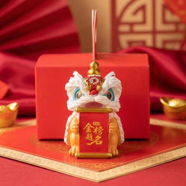 保留醒狮摆件主体，去除所有文字，更换为喜庆简约的电商背景，突出产品预览效果