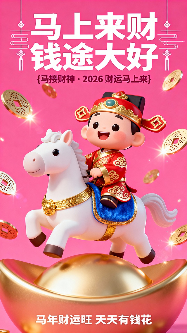 萌3D卡通风格，高饱和度亮粉色背景，画面中心是头戴官帽、身穿红金相间喜庆服饰的卡通财神爷，面带笑容骑在造型呆萌的白色小马上，小马配有蓝色鞍座与金色装饰，画面底部是露出一点的巨半圆钱币，空中散落着带镂空花纹的钱币。
文字排版为：顶部是白色艺术字体 标题“马上来财  钱途大好”（有中式小元素，线条装饰，左右对称），标题下方是深粉色花体小字副标题 “{马接财神・2026 财运马上来}”；底部是白色小字 “马年财运旺 天天有钱花”
