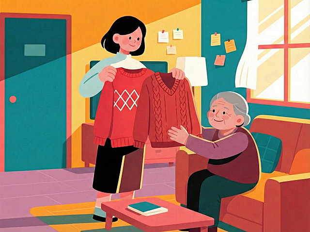 姥姥说着，我且把旧毛衣与新毛衣放在了一起。