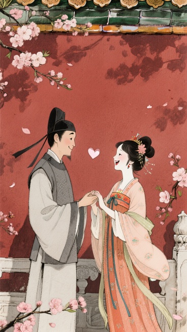 正面，远景，暗红色宫墙背景，人物身穿古代服饰，一个男子拉着一个女子嬉笑，人物之间一颗小爱心符号装饰，暖色调浪漫感氛围，桃花点缀预览效果