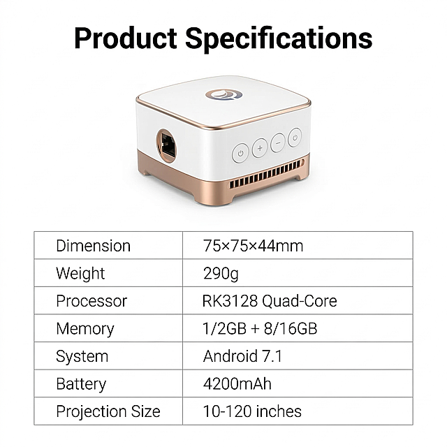 [垫图] https://gdesign-dam-hz.dancf.com/35860117110247469/77567afd61314f47a29a0ccc373a2287.jpg 投影仪产品规格参数图，干净简约科技风，纯白色背景，投影仪居中放置，下方使用浅灰色细线表格展示详细参数。文字版式：主标题 "Product Specifications"，顶部居中粗体黑色字。参数表格内容：Dimension: 75×75×44mm, Weight: 290g, Processor: RK3128 Quad-Core, Memory: 1/2GB + 8/16GB, System: Android 7.1, Battery: 4200mAh, Projection Size: 10-120 inches。所有文字均为英文，表格排版清晰易读，字体工整规范，符合沃尔玛规范。