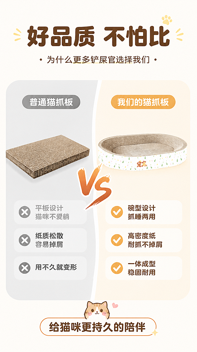 [第7张] 详情页对比优势-普通猫抓板vs本品对比。本张使用【图1】作为右侧本品主体，保持产品外观、白色小碎花图案、"宠宸"字样、椭圆碗型结构与瓦楞纸材质完全一致。
[氛围/风格] 对比信息图，清晰直观，萌系风格，商业摄影质感。
[光影质感] 顶部均匀柔光，两侧产品都有清晰展示，整体明亮干净。
[配色色系] 全局底色 #FFFAF0 奶白色；左侧普通款灰色调，右侧本品暖色调；中间VS标志用橙红色突出。
[视角构图] 左右对比构图，中间VS分隔，阅读动线顶部标题 → 左右对比 → 底部结论。
[文字版式] 顶部大标题「好品质 不怕比」，圆润粗黑体，深棕色；副标题「为什么更多铲屎官选择我们」；画面中间有大大的"VS"标志分隔左右；左侧灰色区域标题「普通猫抓板」，下方三个叉号+文字：「平板设计 猫咪不爱躺」「纸质松散 容易掉屑」「用不久就变形」；右侧暖色区域标题「我们的猫抓板」，下方三个对勾+文字：「碗型设计 抓睡两用」「高密度纸 耐抓不掉屑」「一体成型 稳固耐用」；底部一行总结「给猫咪更持久的陪伴」；文字清晰，对比鲜明。
[比例分辨率] 9:16 竖版比例，4K分辨率，文字清晰可辨，高清画质。
[负向提示词] 产品变形，对比内容错乱，颜色偏差，文字过小，水印，左右布局不对称。