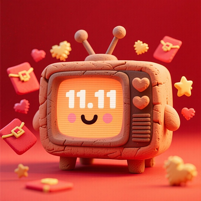 主体是一个带有笑脸的类似复古电视机造型的卡通形象，周围环绕着红包、像素爱心、星星等元素，电视机屏幕显示着“11.11”整体色彩鲜艳明快，风格可爱俏皮，营造出一种轻松有趣、富有创意的氛围，可能与创意设计、数字创作等相关场景有关，红色背景。