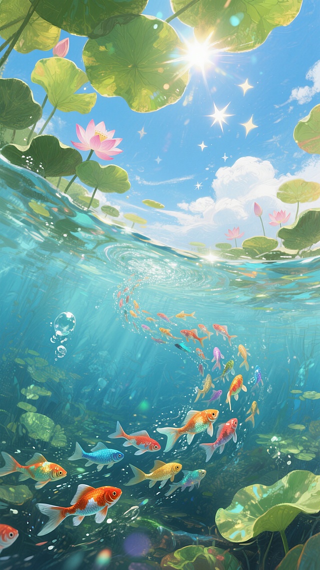水彩风插画，梦幻清新，虚拟自然景象，鱼群游弋，阳光洒落，营造夏日梦幻氛围。