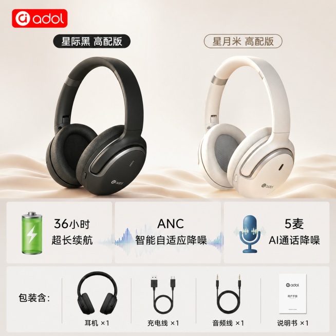 [主图-5] 配色规格全展示收口主图
[氛围风格] 清新简约，信息完整
[画质] 清晰商业产品展示，信息清晰可读
[元素] 上方分左右展示星际黑和星月米两种配色耳机，各占一半版面，两款耳机都保持与原参预览效果