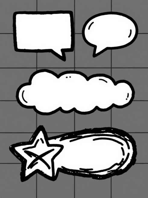 一套4个完全不同造型的手绘风格对话气泡元素集合，保持黑色粗线条手绘质感，线条带有自然的笔触变化和些许毛边效果，每个气泡内部为纯白色留白，包含不同样式的对话气泡造型（如方形带尖角、椭圆形带小三角、不规则云朵形带波浪边、星形带交叉装饰线等），所有气泡元素在纯色背景上呈规整网格状排布，整体风格统一为简约卡通手绘风格，无任何文字内容和额外装饰。预览效果