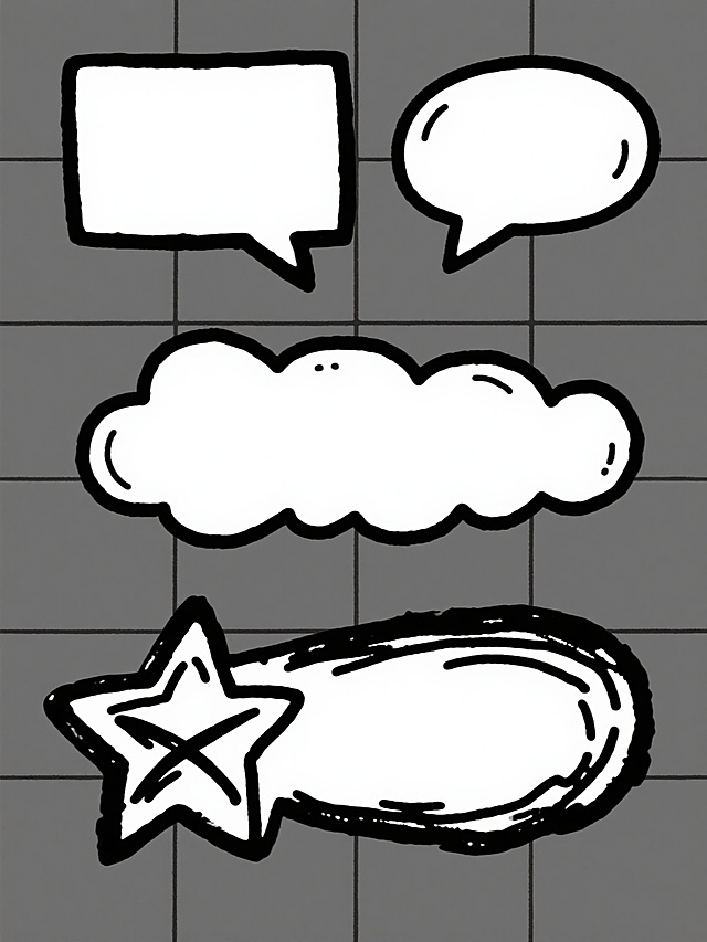 一套4个完全不同造型的手绘风格对话气泡元素集合，保持黑色粗线条手绘质感，线条带有自然的笔触变化和些许毛边效果，每个气泡内部为纯白色留白，包含不同样式的对话气泡造型（如方形带尖角、椭圆形带小三角、不规则云朵形带波浪边、星形带交叉装饰线等），所有气泡元素在纯色背景上呈规整网格状排布，整体风格统一为简约卡通手绘风格，无任何文字内容和额外装饰。