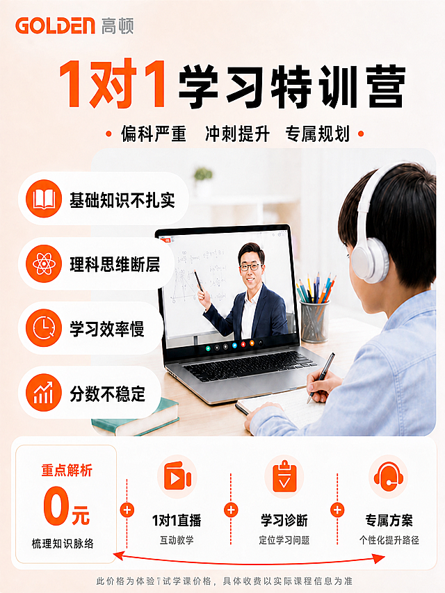 修改海报标题，将原图的“1对1全科试听课”改成“1对1学习特训营”，整体保持原图的设计风格、排版、配色和其他内容不变