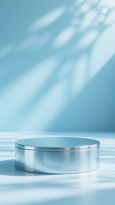 极简主义3D渲染风格，画面中心为一个光滑的圆形金属展示台，台面边缘有细微的反光高光，底部呈现柔和的弧形过渡，保持原有的简洁几何形态。背景采用虚化的光斑效果，光线从上方散射下来，在台面和地面投射出柔和的阴影和光线纹理，营造出宁静优雅的氛围。整体色调变换为纯净的冰蓝色调，展示台呈现出冷冽的金属光泽，背景光斑为浅蓝与白色的渐变，光线阴影呈现淡青色，保持与原图一致的光影层次感和材质质感，突出清冷高级的……预览效果