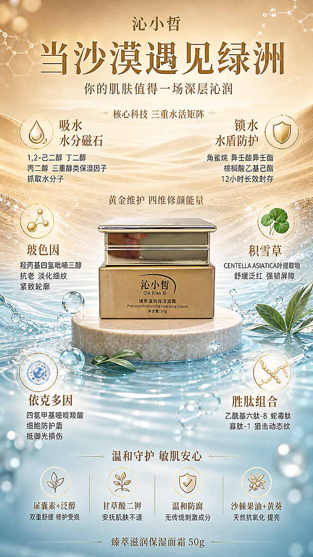 沙漠绿洲主题保湿面霜竖版海报，产品居中，四周环绕多板块成分卖点信息，信息密度高但排版精美有序。将画面中产品上方的小标题文字「黄金修护 四维修颜能量」修改为「黄金维护 四维修颜能量」，其余所有文案、布局、产品、背景、光影均保持不变。

【产品保真】沁小皙臻萃滋润保湿面霜（金色方瓶+金色外盒叠放）100%还原上传商品图的产品外形、包装、LOGO、印刷文字、净含量，以上传图为唯一商品主体来源，完整保留原图中的盒型、轮廓、结构、比例、标签版式、品牌logo、容量信息、材质质感、颜色与正面朝向，包装、配色、产品结构与标签布局均与上传图保持一致；设计仅作用于背景、光影、道具、版式和文字区；商品主体占比约35%，位于画面正中央，文字不遮挡主体。

【氛围风格】沙漠遇见绿洲的高级水润感，纯净科技感，通透水润亮调，高端奢华型+成分质地型，超写实商业摄影质感，Octane渲染，物理级渲染。

【场景与空间层次】
- 背景层：上半部分暖沙金色渐变，模拟沙漠沙丘曲线，有细腻沙粒纹理；下半部分清透浅蓝渐变，模拟绿洲水面，有水波纹和晶莹水滴飞溅；中间以产品为中心形成沙漠到绿洲的自然过渡。背景中隐约可见科技网格纹理，增添成分科研感。
- 中景：画面正中央放置产品（金色方瓶+外盒叠放），产品下方有圆形浅色石材展台，展台周围环绕少量水滴、透明质酸分子球、绿叶等装饰元素，数量克制。
- 前景：画面四角有极淡的虚化光斑和水滴点缀，增加景深和通透感。

【光影】顶部柔光箱均匀布光，产品左上45度主光形成柔和高光带；右侧有冷调补光呼应绿洲区域；整体光比舒适，高光不溢，暗部有层次，瓶身金属质感强烈，玻璃/金属反光真实自然。

【配色】主色调香槟金+暖沙色（沙漠区上半部分），辅助色清透浅蓝+翠绿（绿洲区下半部分），强调色金色（标题与重点文字）；语义色（蓝/绿）仅作图标和区域点缀，不成为主背景色。

【视角构图】平视正面视角，产品居中为绝对视觉焦点；采用中心辐射式构图，产品四周分布四大信息板块，上下左右各一区，形成环绕式信息布局；画面比例9:16竖版。

【文字版式】（所有文字清晰可读，放在负空间，不遮挡产品主体）

1. 顶部区域（主标题区）：
   - 最上方品牌名「沁小皙」，金色小号衬线字，居中
   - 主标题「当沙漠遇见绿洲」，金色超大号粗体衬线字，居中，最醒目
   - 副标题「你的肌肤值得一场深层沁润」，浅金色中号，居中

2. 上部左右两侧（三重水活矩阵区）：
   - 左侧上：「吸水 水分磁石」金色粗体中号+水滴图标，下方「1,2-己二醇 丁二醇 丙二醇 三重醇类保湿因子 抓取水分子」深灰色小号
   - 右侧上：「锁水 水盾防护」金色粗体中号+盾牌图标，下方「角鲨烷 异壬酸异壬酯 棕榈酸乙基己酯 12小时长效封存」深灰色小号
   - 两区中间上方有小标题「核心科技 三重水活矩阵」，金色中号，居中

3. 中部左右两侧（黄金维护区）：
   - 左侧中：「玻色因」金色粗体中号+分子图标，下方「羟丙基四氢吡喃三醇 抗老 淡化细纹 紧致轮廓」深灰色小号
   - 右侧中：「积雪草」金色粗体中号+绿叶图标，下方「CENTELLA ASIATICA叶提取物 舒缓泛红 强韧屏障」深灰色小号
   - 两区中间（产品上方）有小标题「黄金维护 四维修颜能量」，金色中号，居中

4. 下部左右两侧（继续修护+温和区）：
   - 左侧下：「依克多因」金色粗体中号+细胞图标，下方「四氢甲基嘧啶羧酸 细胞防护盾 抵御光损伤」深灰色小号
   - 右侧下：「胜肽组合」金色粗体中号+肽链图标，下方「乙酰基六肽-8 蛇毒肽 寡肽-1 狙击动态纹」深灰色小号

5. 底部区域（温和守护+四大优势区）：
   - 底部上方小标题「温和守护 敏肌安心」，金色中号，居中
   - 底部横向四小格（从左到右）：
     ①「尿囊素+泛醇」金色小号+「双重舒缓 修护受损」深灰色更小号
     ②「甘草酸二钾」金色小号+「安抚肌肤不适」深灰色更小号
     ③「温和防腐」金色小号+「无传统刺激成分」深灰色更小号
     ④「沙棘果油+黄葵」金色小号+「天然抗氧化 提亮」深灰色更小号
   - 最底部一行「臻萃滋润保湿面霜 50g」，金色小号，居中

画面中所有信息区域必须填充完整合理的内容，不得出现空白框、空白占位、横线待填写区域、空列表项、空单元格；所有成分名称和数字必须精确渲染，不得错位、遗漏或编造。

【输出要求】9:16比例，文字清晰锐利，超高清商业摄影质感，版式精美。

【负向提示词】变形，文字错乱，产品图模糊，背景杂乱，水印，电商平台Logo，多余的手，畸形手，人物面部扭曲，肢体穿模。