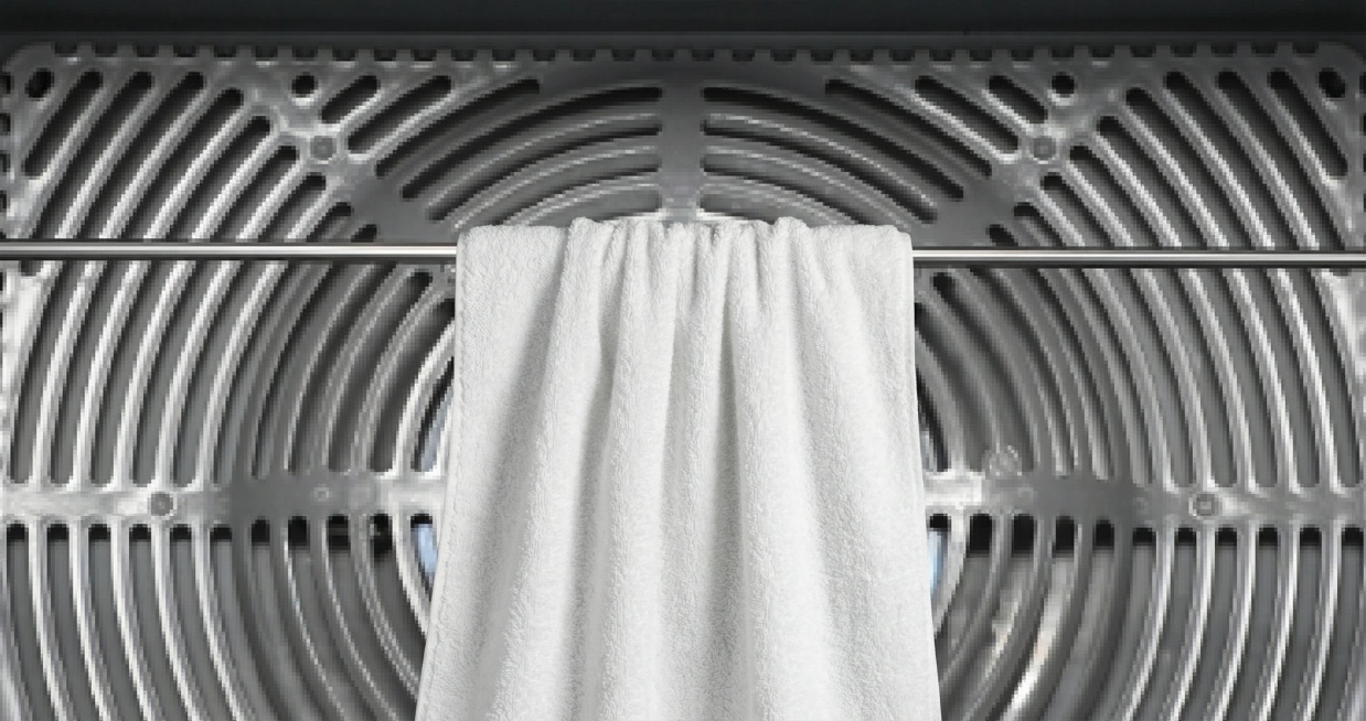 一条毛巾竖着搭在不锈钢杆子上面预览效果