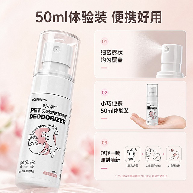 [主图-5 樱花味] 产品细节与使用方式展示，突出便携体验装特点。
[统一基调] 低饱和度自然清新风格，主背景为柔雾浅粉米色渐变，辅助色为柔粉色、米白色，强调色为深灰棕色，圆角白色半透明卡片，圆润无衬线字体，整体饱和度偏低，与产品樱花粉色调一致。
[画面] 画面左侧为产品瓶身的大特写，约占画面50%，略微倾斜角度，清晰展示透明瓶盖、白色喷头和瓶身标签细节，特别是"50ml"净含量标识。右侧有三个竖向排列的细节小卡片：1. 上方：喷头微距特写，展示细密喷雾效果，配文字"细密雾状 均匀覆盖"；2. 中间：瓶身小巧放在手掌中的对比示意，配文字"小巧便携 50ml体验装"；3. 下方：使用步骤简示"轻轻一喷 即刻清新"。
[光影质感] 柔和棚拍光，瓶身特写有细腻的材质反光，喷雾效果轻柔自然，整体干净通透。
[配色] 主背景浅粉米色渐变，细节卡片白色半透明，文字深灰棕色，柔粉色点缀。
[文字版式] 顶部大标题"50ml体验装 便携好用"，居中。右侧卡片文字清晰，层级分明。圆润无衬线字体。
[输出要求] 1:1正方形，2048x2048，产品外观与原图一致，细节清晰，低饱和度，禁止错字、模糊、平台Logo。
