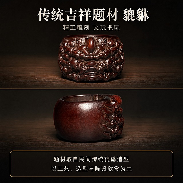【拼多多主图第9张 题材与陈设】1:1 方形电商主图，新中式深色静物商业摄影。
[产品保真 最重要] 严格保持输入图外观：深红棕色黄杨木雕貔貅扳指（桶形戒身、外壁高浮雕貔貅：圆突双目、阔口、卷曲髟毛与火焰纹、背卷云纹、露爪；顶部窄长开口、内壁光滑）；不得改变造型、颜色与雕工细节，保持环形结构。
[构图] 方形画面上下两格：上格为貔貅面正视（微仰视），下格为浮雕侧面与光面侧面对比，两格扳指均完整入画、居中占该格约70%，背景统一为深棕黑渐变 + 深胡桃木台面，中间以暗金细线分隔；下部为深棕黑半透明圆角信息卡（暗金细线边框）。
[光影质感] 两格统一左上45度暖柔光 + 侧后轮廓光，木雕表面油润反光，刀痕层次清晰，背景干净虚化。
[配色] 深棕黑背景、深胡桃木台面；标题暖米白，正文浅暖灰，强调暗金。
[文字版式] 顶部居中主标题“传统吉祥题材 貔貅”（宋体类衷线粗体、暖米白、最大字号），下方副标题“精工雕刻 文玩把玩”（浅暖灰、字号缩小一半）；下部信息卡两行横向小字“题材取自民间传统貔貅造型”“以工艺、造型与陈设欣赏为主”；所有文字一律横排单行。
[禁止] 招财、进宝、聚财、辟邪、化煞、转运、镇宅、开光、保佑、旺财、必胜等功效类文案 ；绝对化用语；“必备”“必需”“灵验”“法器”等表述；文字竖排、上下堆叠、单字竖列或旋转；任何尺寸或重量数字；平台Logo、水印、二维码、装饰边框；把手部或手指画入画面。