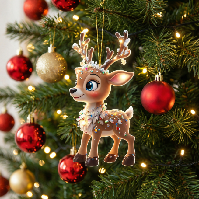 将饰品放置在圣诞树上，特写饰品，不能改变图中饰品外观，背景为圣诞装饰环境，要求画面清晰，丝滑流畅，各生成2张不同角度图片预览效果