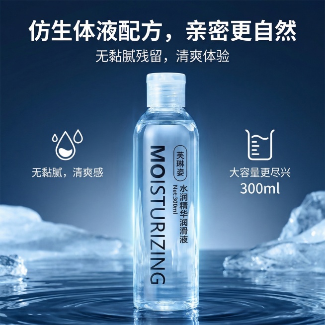 为芙琳姿水润精华润滑液设计高级电商主图，突出“仿生体液配方，亲密更自然”“无黏腻残留，清爽体验”“大容量更尽兴”卖点，画面采用冷色调极简风格，产品占据画面主体，文字信息简洁醒目预览效果