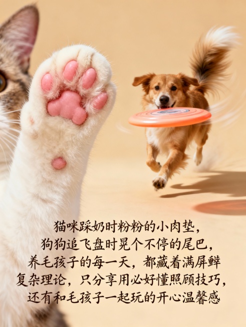 温馨治愈风格，暖色调背景，左侧是猫咪粉粉的小肉垫特写，粉嫩柔软，右侧是狗狗追飞盘时晃个不停的尾巴，毛茸茸的动态感，画面下方搭配手写体文案“猫咪踩奶时粉粉的小肉垫，狗狗追飞盘时晃个不停的尾巴，养毛孩子的预览效果