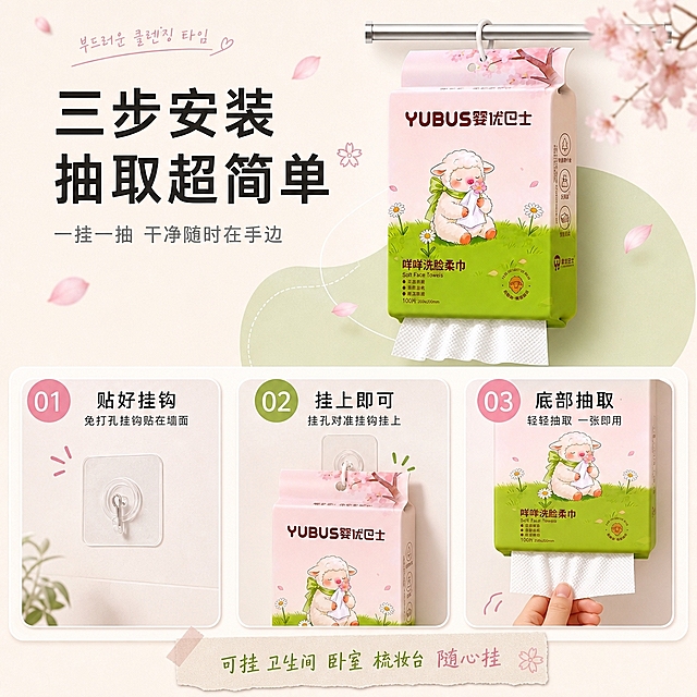 [商品] 使用【图1】【图2】咩咩羊悬挂式洗脸柔巾；保留包装外观、顶部挂孔与底部抽取口结构；本页重点展示悬挂安装与抽取使用步骤。
[画面] 详情页第6张 使用方式说明页，目标教用户如何安装悬挂和抽取使用；构图为三步流程横向排版，从左到右三步，每步用编号圆圈+场景小图+文字说明：第一步「挂钩贴墙面」——展示免打孔挂钩贴在墙面；第二步「挂孔对准挂上」——展示产品挂孔对准挂钩挂上；第三步「底部抽取即用」——展示手从底部抽出一张洗脸巾的动作；上方放产品完整悬挂图作为参照，周围点缀樱花花瓣和细线条。
[视觉] 套系策略：风格=韩系ins粉绿拼贴风 清新治愈 温柔高级；标题字=现代简约黑体（略带圆润）；正文字=细体无衬线；主色=奶油米白+樱花粉+嫩草绿；背景延展=基于奶油米白做深浅层级、同色渐变和磨砂/纸张质感；强调色=樱花粉+嫩草绿，仅用于小面积色块、图标、标签和花瓣装饰；标题色=深棕灰；正文色=中暖灰；组件=半透明磨砂卡片、几何裁切色块、撕纸胶带边、细线条边框、樱花花瓣、韩文装饰字、圆角图标；光影=柔和均匀自然光 步骤图光影统一。
[文字] 顶部主标题「三步安装 抽取超简单」；三步编号分别为①②③，每步标题：「① 贴好挂钩」「② 挂上即可」「③ 底部抽取」；每步下方配一行小字说明；底部有一个便签贴纸写「可挂卫生间 卧室 梳妆台 随心挂」；文字全部横排，步骤清晰。
[规格] 图片比例1:1正方形，避免变形、错字、文字过小、冷蓝灰背景、产品颜色改变、平台Logo、二维码、绝对化用语。