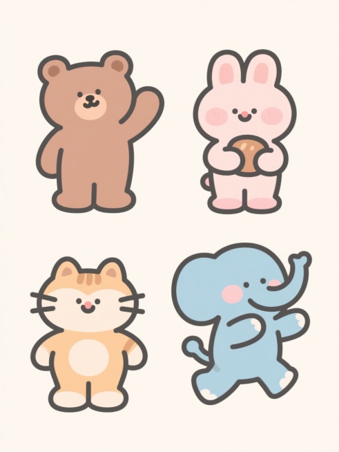 极简扁平风格可爱动物插画，四个不同类型的可爱动物（可选择如小熊、小兔、小猫、小象），每个动物姿态各异（站立、挥手、抱物、跳跃等），均为圆润Q版造型，粗线条勾勒，鲜明柔和的马卡龙色系填充，白色浅色背景，上下两行整齐对齐排列，无文字无装饰元素，整体呈现简洁明快、活泼治愈的氛围。预览效果