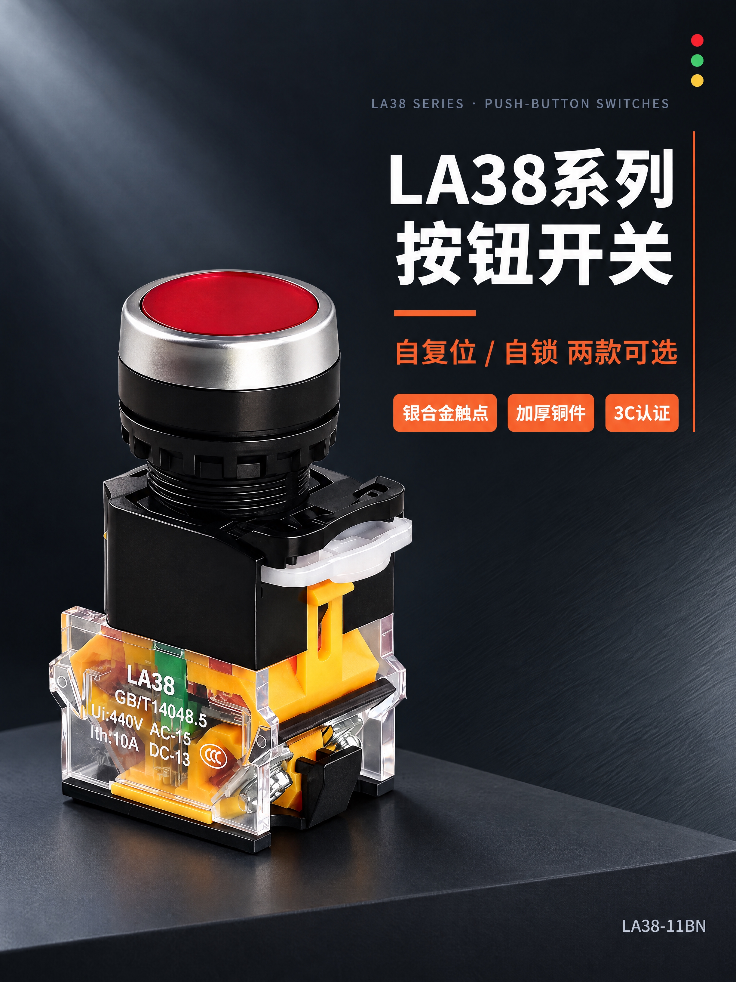 基于参考图进行LA38红色按钮开关工业风海报设计，严格遵循以下… - 图片创意预览